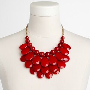 Bold Red Statement Necklace With Gold Chain & Teardrop Beads‎